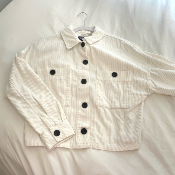 Zara Jackets & Coats Zara White Corduroy Jacket With Black Buttons
